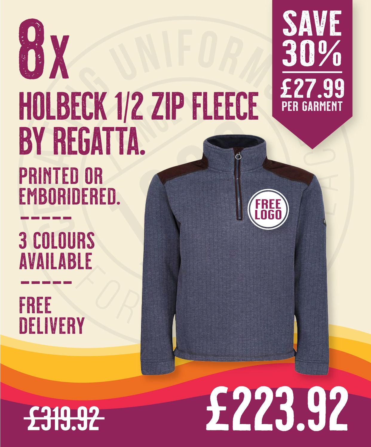 8 x Holbeck 1/2 Zip Fleece By Regatta in Navy by Print Lab Deals — Custom branded clothing by Print Press, featuring premium embroidery produced in our specialist print lab in the UK.
