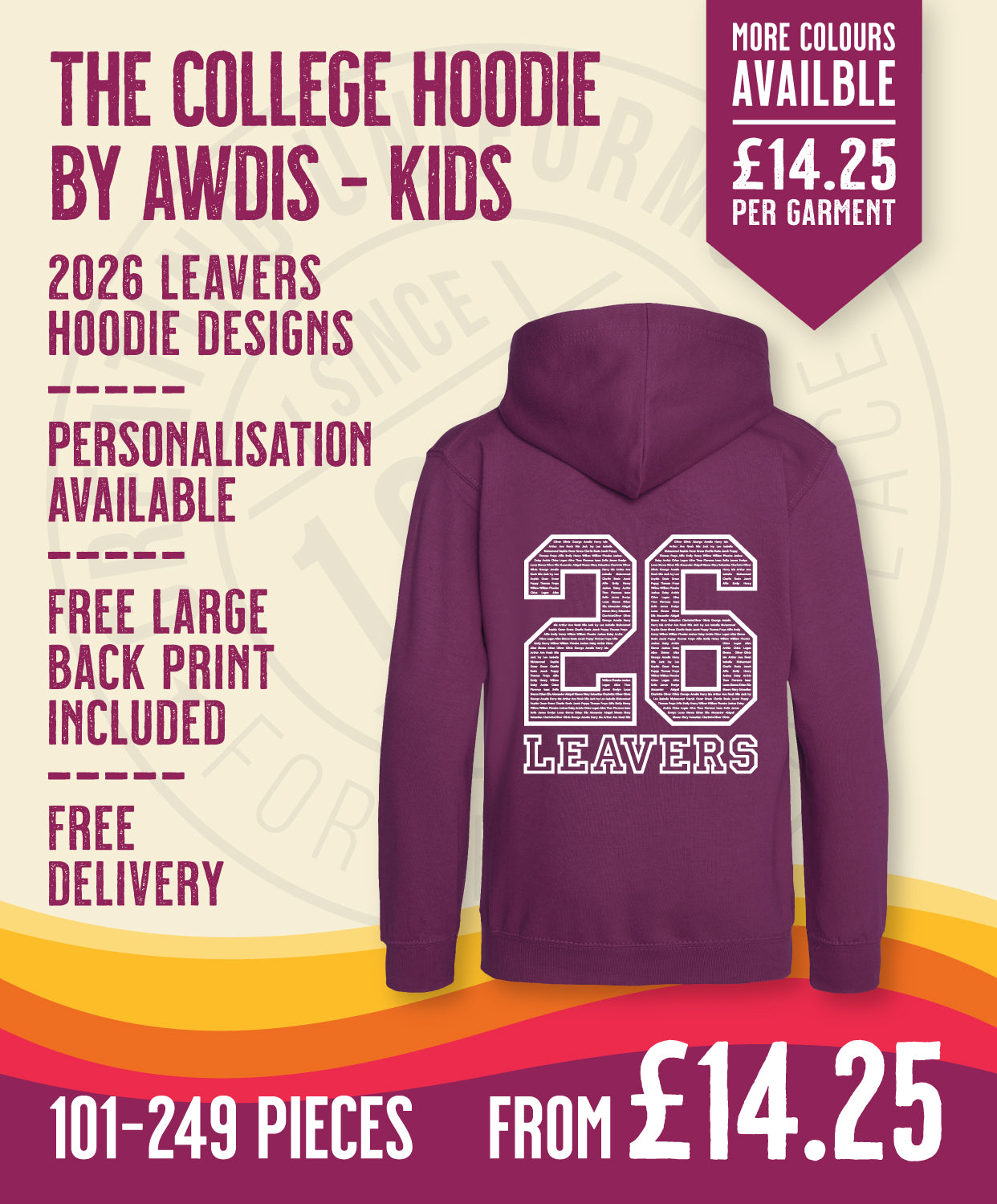 College Hoodie - Kids Size - 101-249 Pieces in by printlab.clothing — Custom branded clothing by Print Press, featuring premium embroidery produced in our specialist print lab in the UK.
