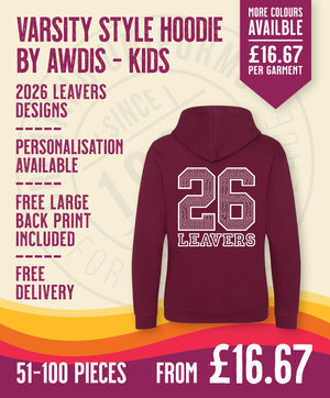 Varsity Hoodie - Kids Size - 51-100 Pieces in by printlab.clothing — Custom branded clothing by Print Press, featuring premium embroidery produced in our specialist print lab in the UK.