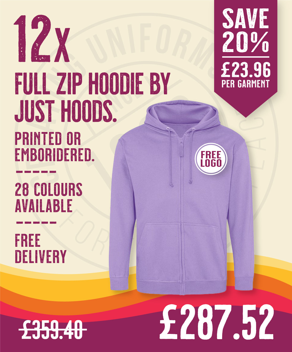 12 x Full Zip Hoodies by Just Hoods in Digital Lavender by Print Lab Deals — Custom branded clothing by Print Press, featuring premium embroidery produced in our specialist print lab in the UK.