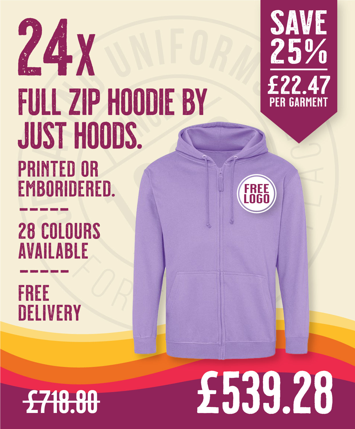 24 x Full Zip Hoodies by Just Hoods in Digital Lavender by Print Lab Deals — Custom branded clothing by Print Press, featuring premium embroidery produced in our specialist print lab in the UK.