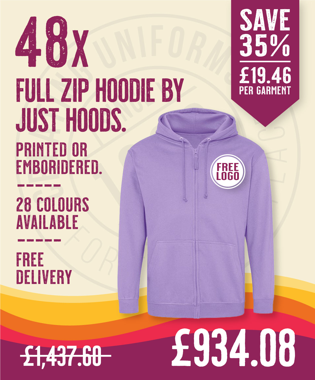48 x Full Zip Hoodies by Just Hoods in Digital Lavender by Print Lab Deals — Custom branded clothing by Print Press, featuring premium embroidery produced in our specialist print lab in the UK.