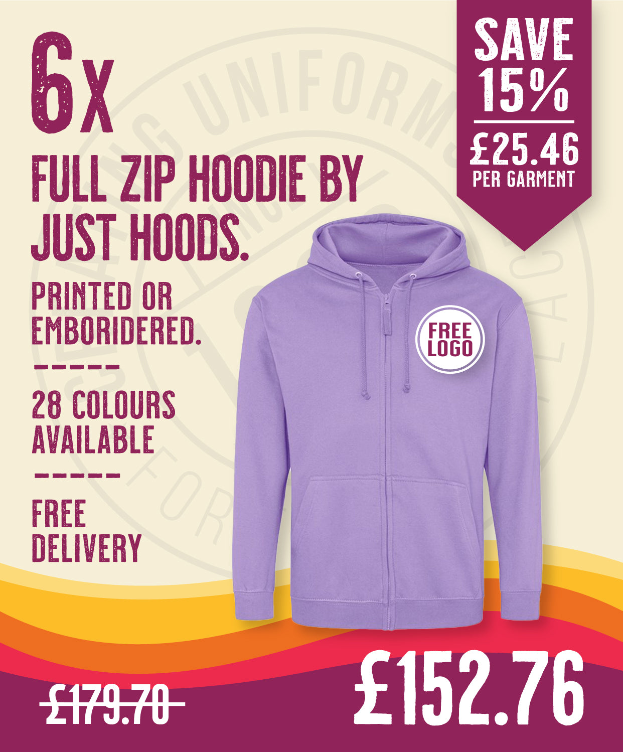 6 x Full Zip Hoodies by Just Hoods in Digital Lavender by Print Lab Deals — Custom branded clothing by Print Press, featuring premium embroidery produced in our specialist print lab in the UK.