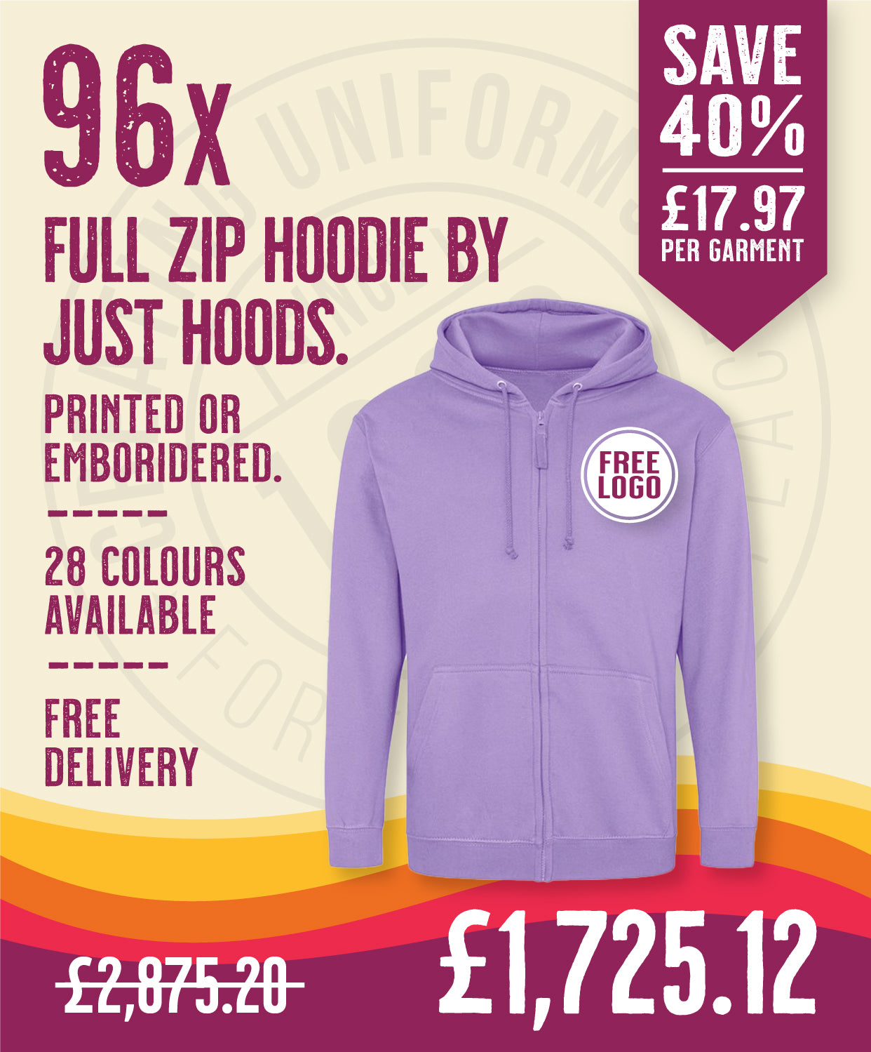 96 x Full Zip Hoodies by Just Hoods in Digital Lavender by Print Lab Deals — Custom branded clothing by Print Press, featuring premium embroidery produced in our specialist print lab in the UK.