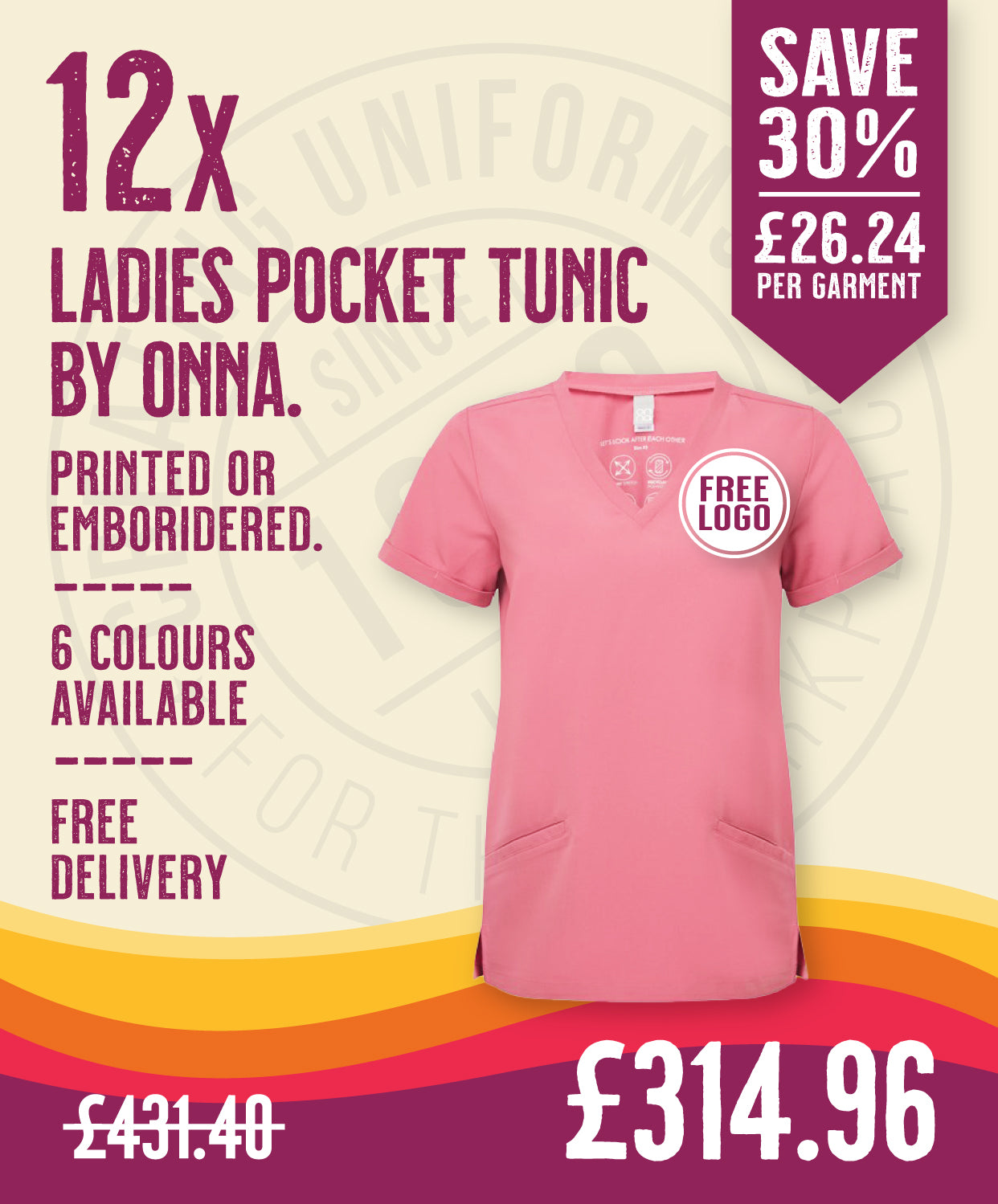 12x Womens Pocket Tunics by Onna in Calm Pink by Print Lab Deals — Custom branded clothing by Print Press, featuring premium embroidery produced in our specialist print lab in the UK.