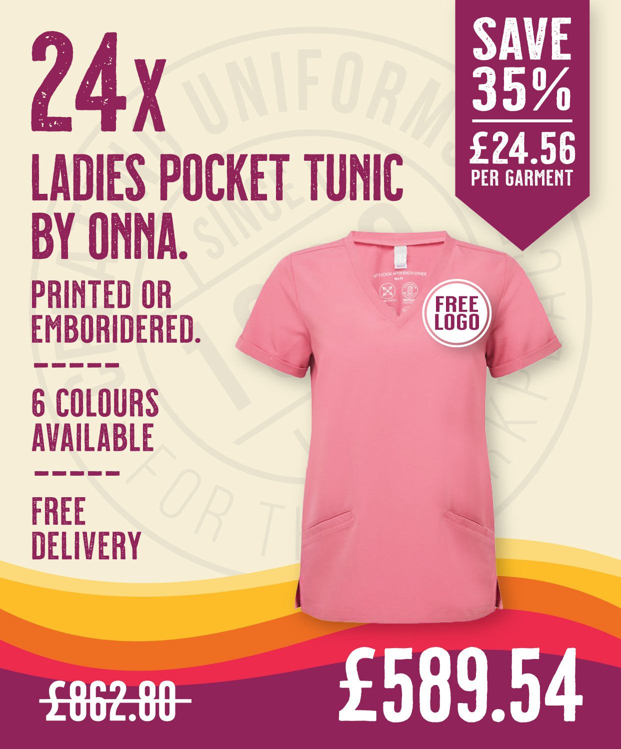 24x Womens Pocket Tunics by Onna in Calm Pink by Print Lab Deals — Custom branded clothing by Print Press, featuring premium embroidery produced in our specialist print lab in the UK.