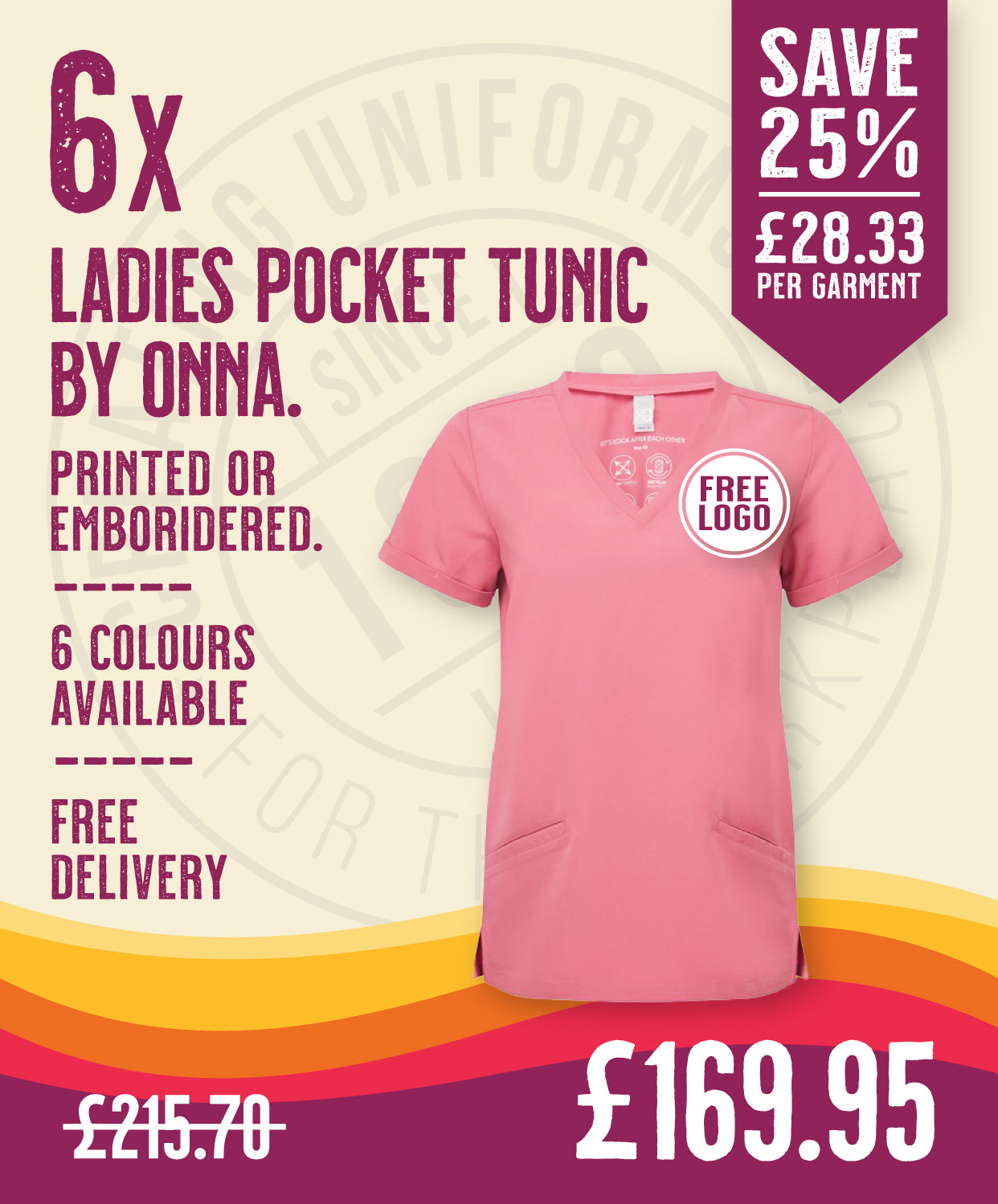 6x Womens Pocket Tunics by Onna in Calm Pink by Print Lab Deals — Custom branded clothing by Print Press, featuring premium embroidery produced in our specialist print lab in the UK.
