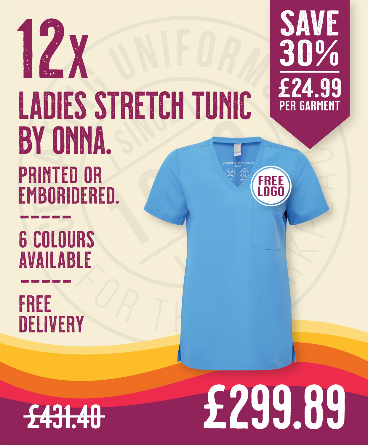 12x Womens Tunics by Onna in Ceil Blue by Print Lab Deals — Custom branded clothing by Print Press, featuring premium embroidery produced in our specialist print lab in the UK.
