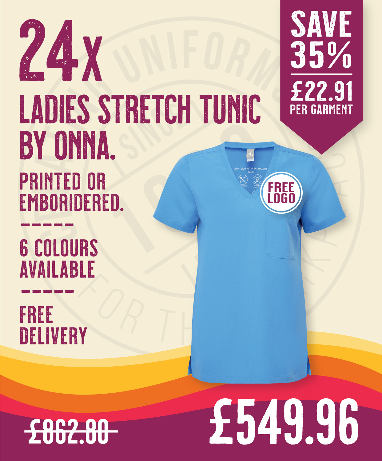24x Womens Tunics by Onna in Ceil Blue by Print Lab Deals — Custom branded clothing by Print Press, featuring premium embroidery produced in our specialist print lab in the UK.