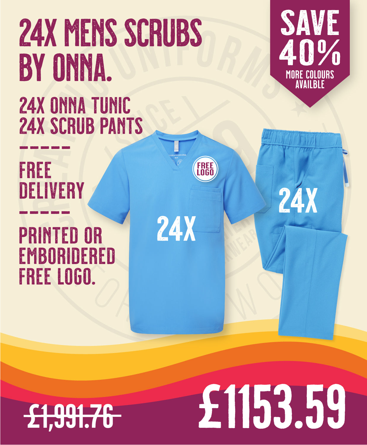 24x Mens Scrubs Deal by Onna in by Print Lab Deals — Custom branded clothing by Print Press, featuring premium embroidery produced in our specialist print lab in the UK.