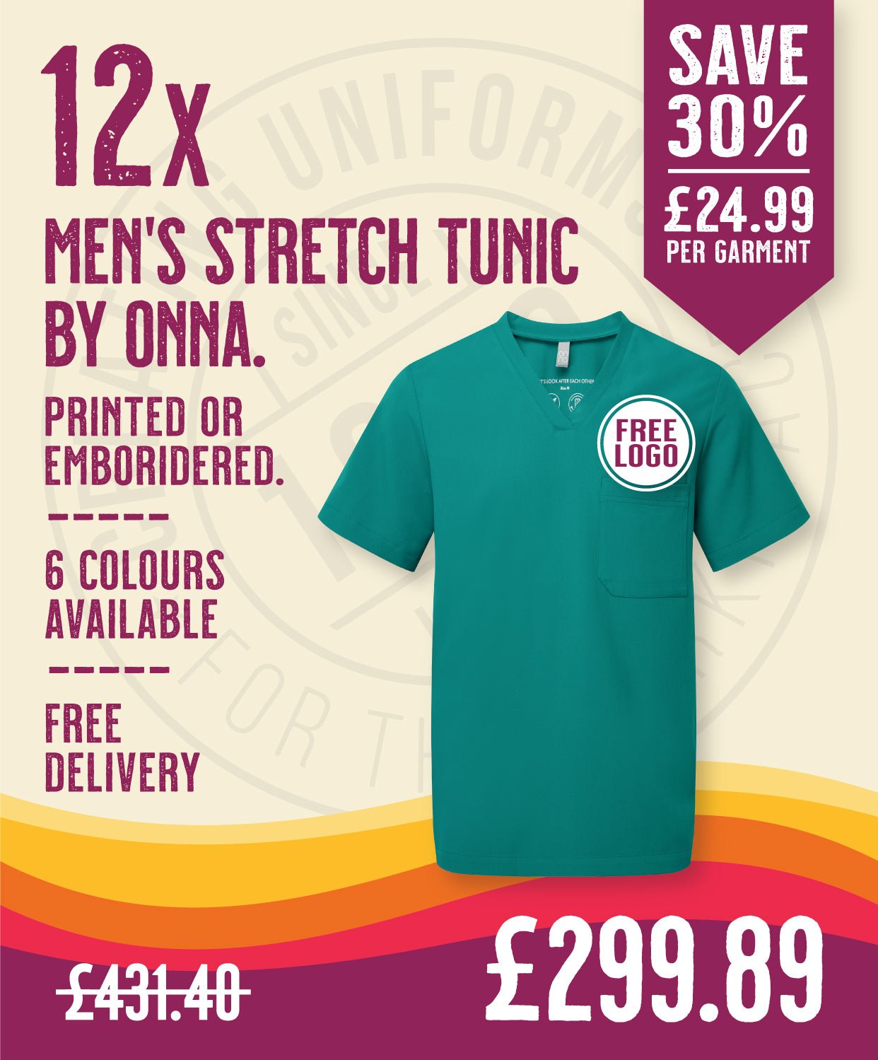 12x Mens Tunics by Onna in Clean Green by Print Lab Deals — Custom branded clothing by Print Press, featuring premium embroidery produced in our specialist print lab in the UK.
