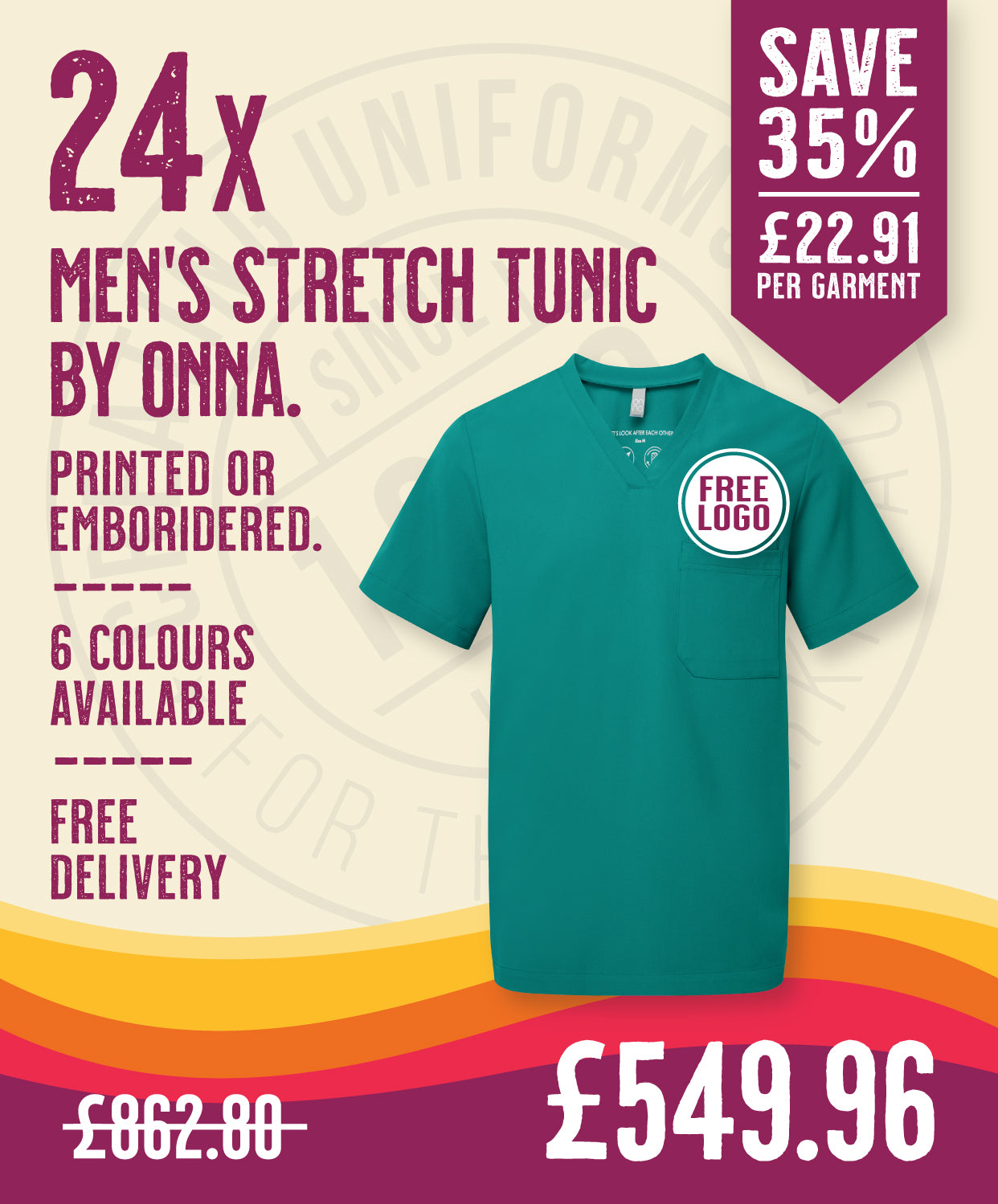 24x Mens Tunics by Onna in Clean Green by Print Lab Deals — Custom branded clothing by Print Press, featuring premium embroidery produced in our specialist print lab in the UK.