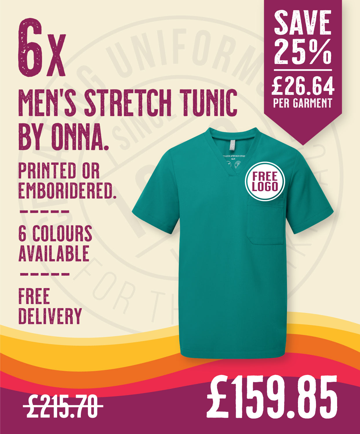 6x Mens Tunics by Onna in Clean Green by Print Lab Deals — Custom branded clothing by Print Press, featuring premium embroidery produced in our specialist print lab in the UK.