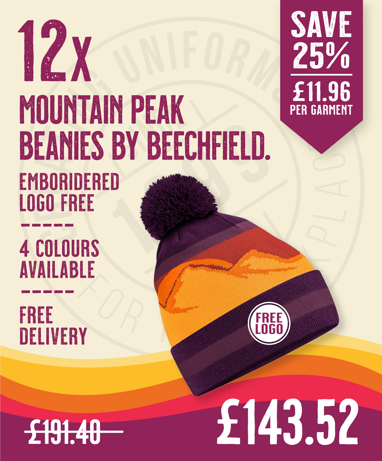 12 x Mountain Peaks Pom Pom Beanie in Desert Peaks by Print Lab Deals — Custom branded clothing by Print Press, featuring premium embroidery produced in our specialist print lab in the UK.