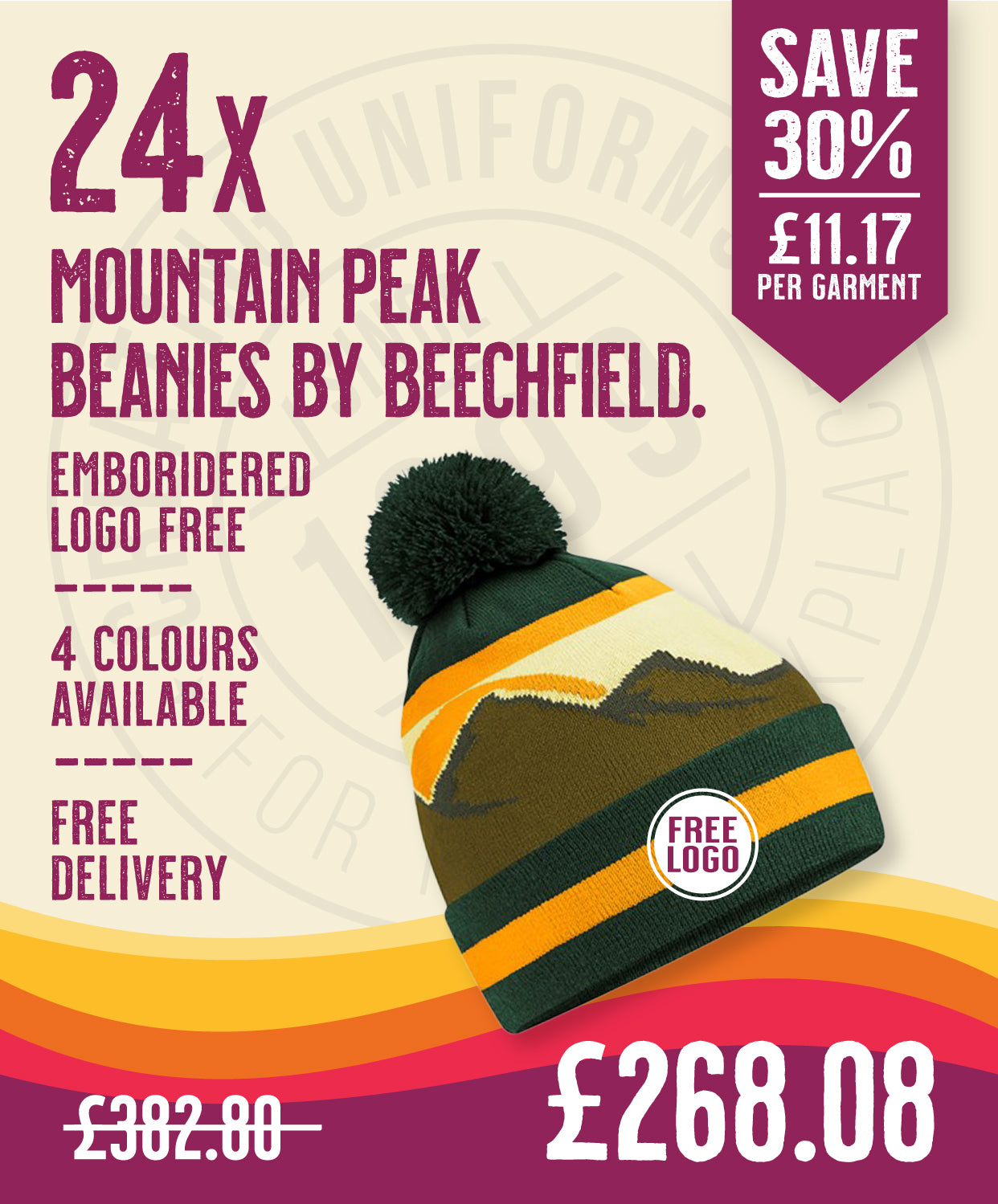 24 x Mountain Peaks Pom Pom Beanie in Alpine Peaks by Print Lab Deals — Custom branded clothing by Print Press, featuring premium embroidery produced in our specialist print lab in the UK.