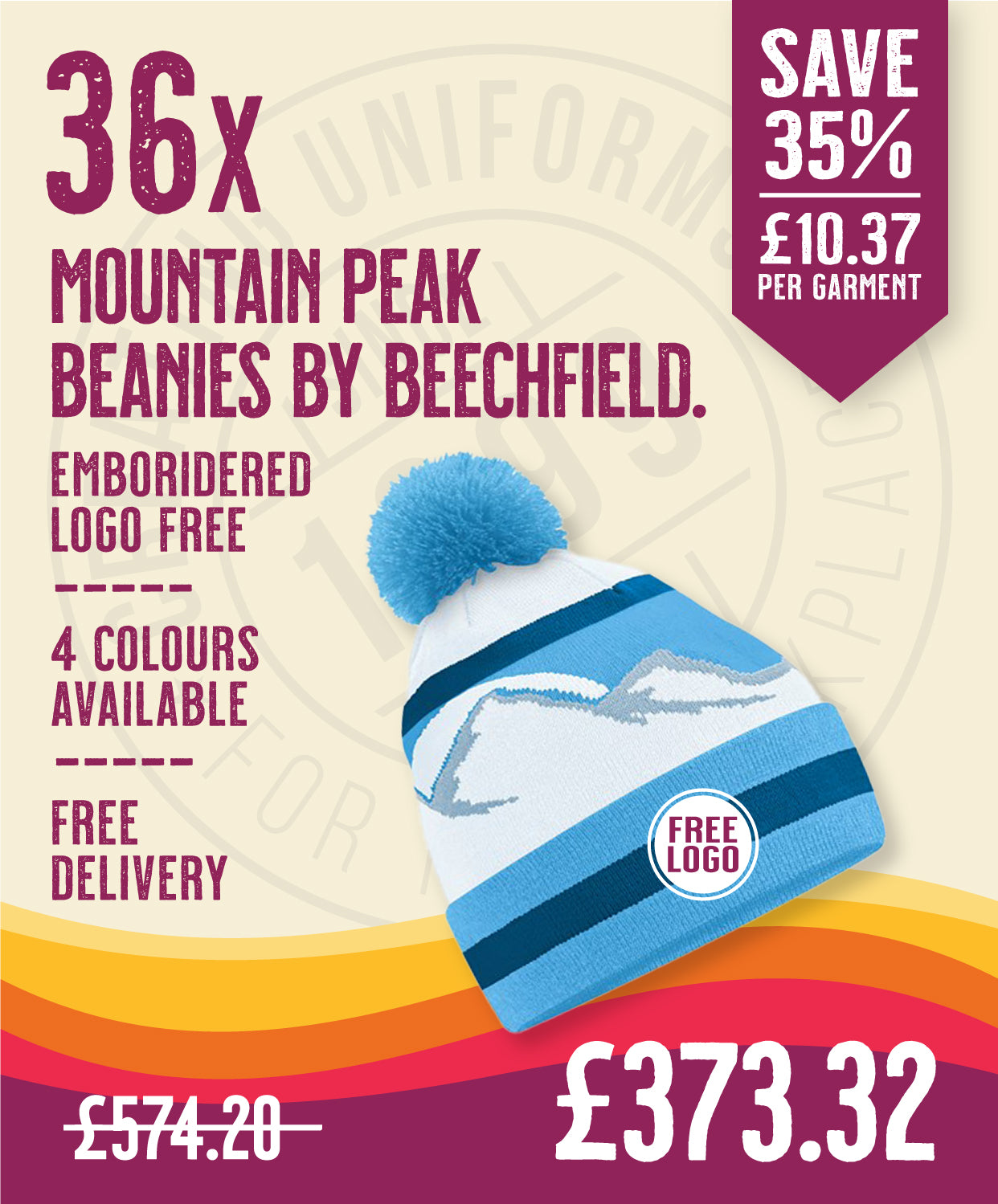 36 x Mountain Peaks Pom Pom Beanie in Glacier Peaks by Print Lab Deals — Custom branded clothing by Print Press, featuring premium embroidery produced in our specialist print lab in the UK.