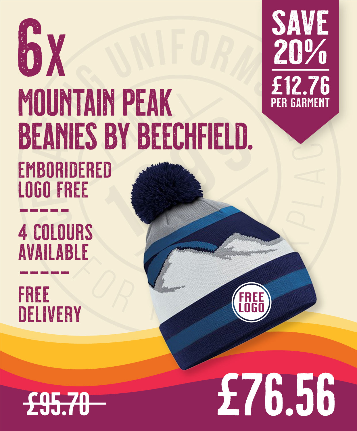 6 x Mountain Peaks Pom Pom Beanie in by Print Lab Deals — Custom branded clothing by Print Press, featuring premium embroidery produced in our specialist print lab in the UK.