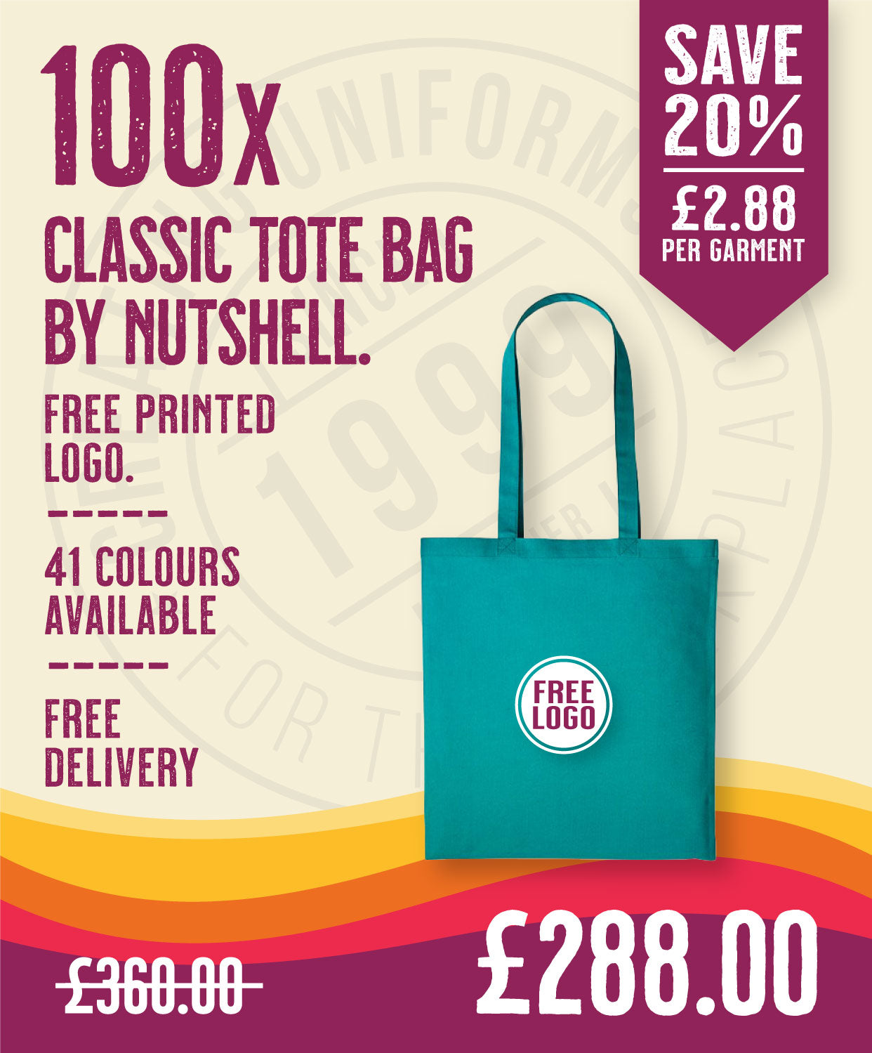 100 x Classic Tote Bag by Nutshell in Jade by Print Lab Deals — Custom branded clothing by Print Press, featuring premium embroidery produced in our specialist print lab in the UK.