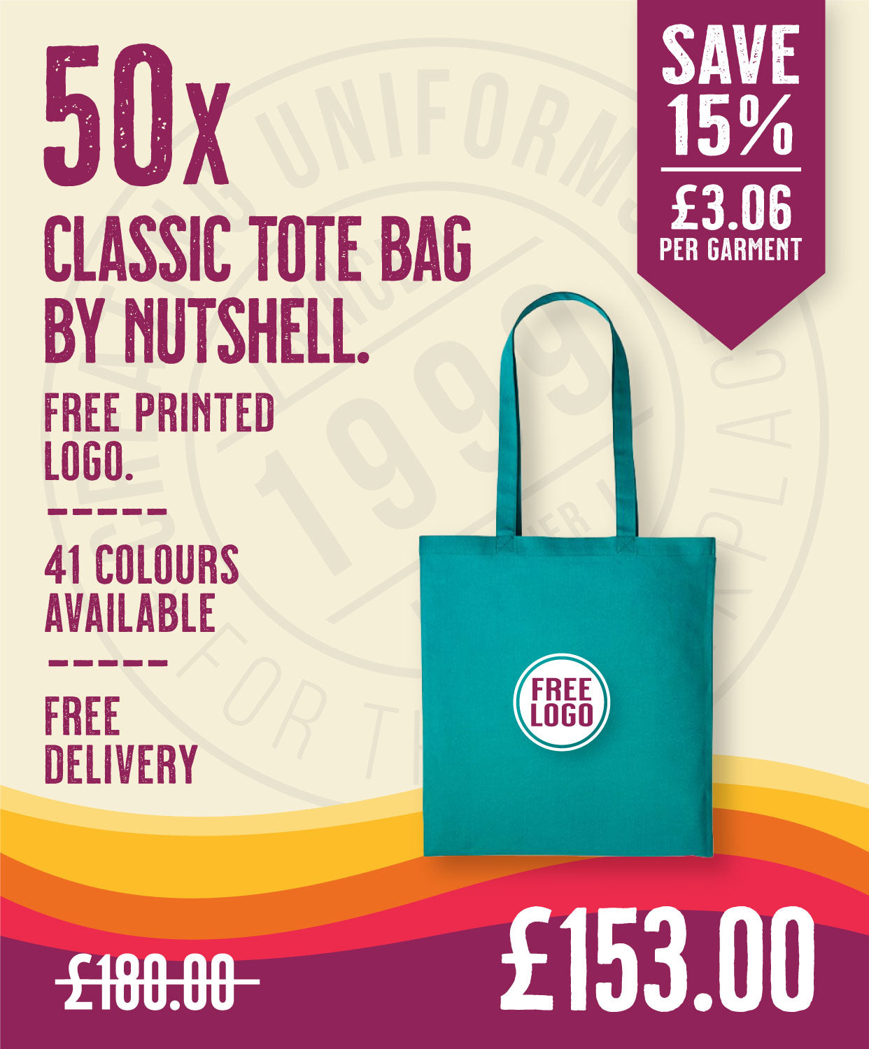 50 x Classic Tote Bag by Nutshell in Jade by Print Lab Deals — Custom branded clothing by Print Press, featuring premium embroidery produced in our specialist print lab in the UK.