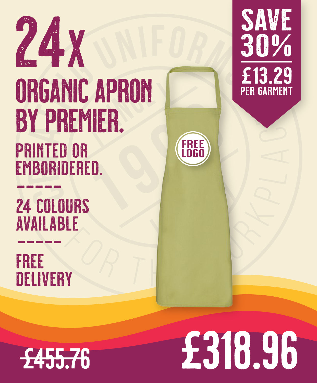 24 x Organic Apron By Premier in Lime by Print Lab Deals — Custom branded clothing by Print Press, featuring premium embroidery produced in our specialist print lab in the UK.