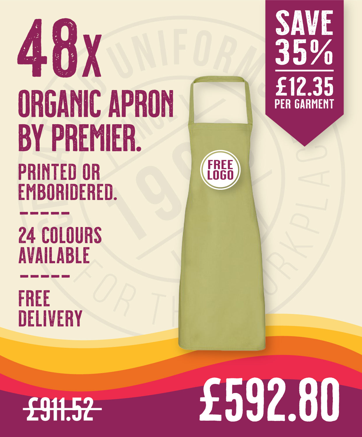 48 x Organic Apron By Premier in Lime by Print Lab Deals — Custom branded clothing by Print Press, featuring premium embroidery produced in our specialist print lab in the UK.