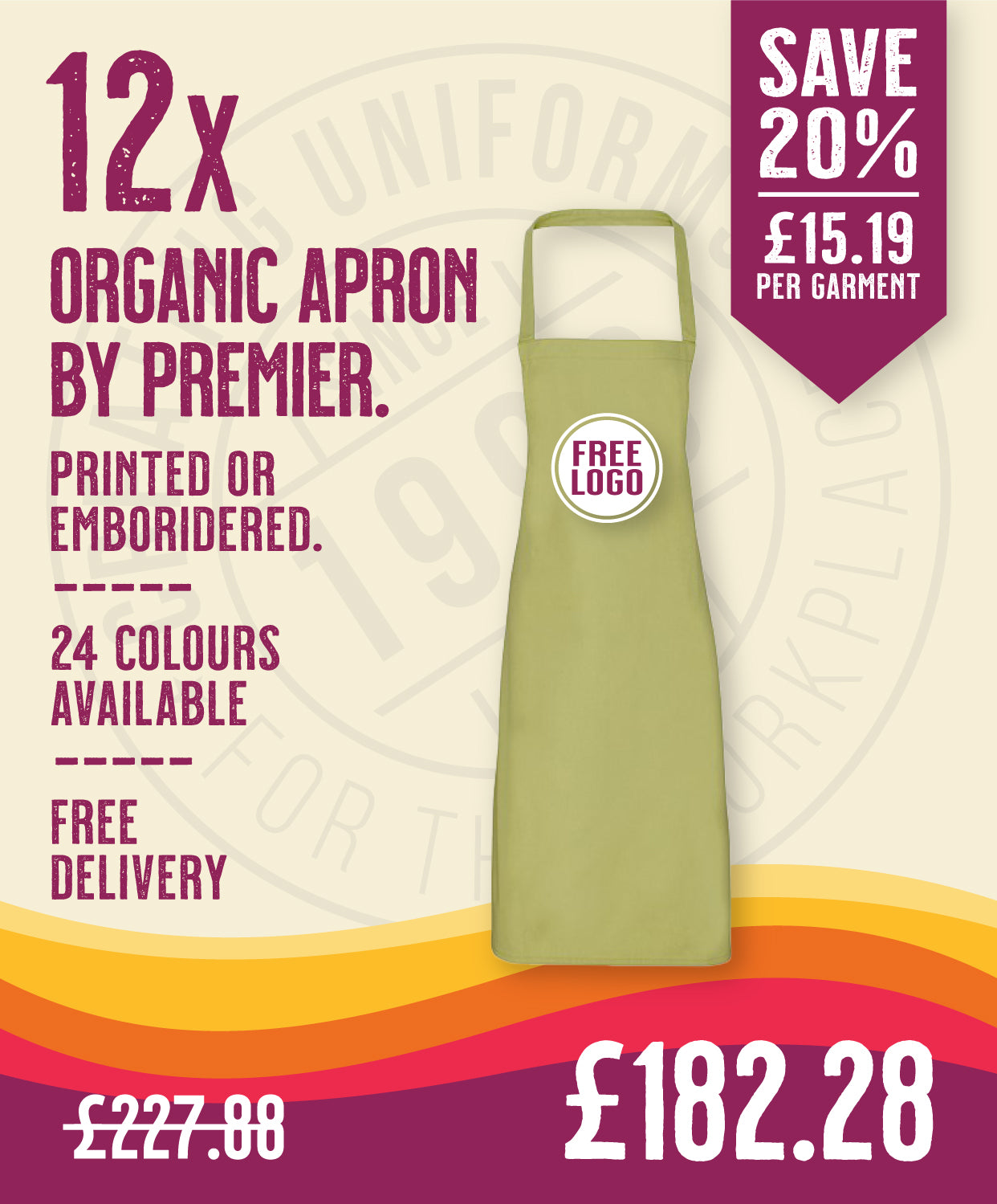12 x Organic Apron By Premier in Lime by Print Lab Deals — Custom branded clothing by Print Press, featuring premium embroidery produced in our specialist print lab in the UK.