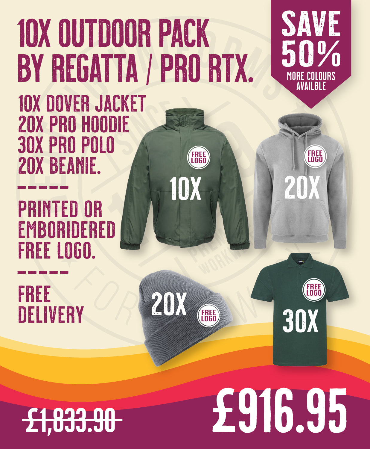10x Outdoor Pack by Regatta / Pro RTX in by Print Lab Deals — Custom branded clothing by Print Press, featuring premium embroidery produced in our specialist print lab in the UK.