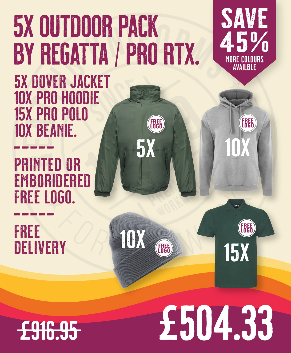5x Outdoor Pack by Regatta / Pro RTX in by Print Lab Deals — Custom branded clothing by Print Press, featuring premium embroidery produced in our specialist print lab in the UK.