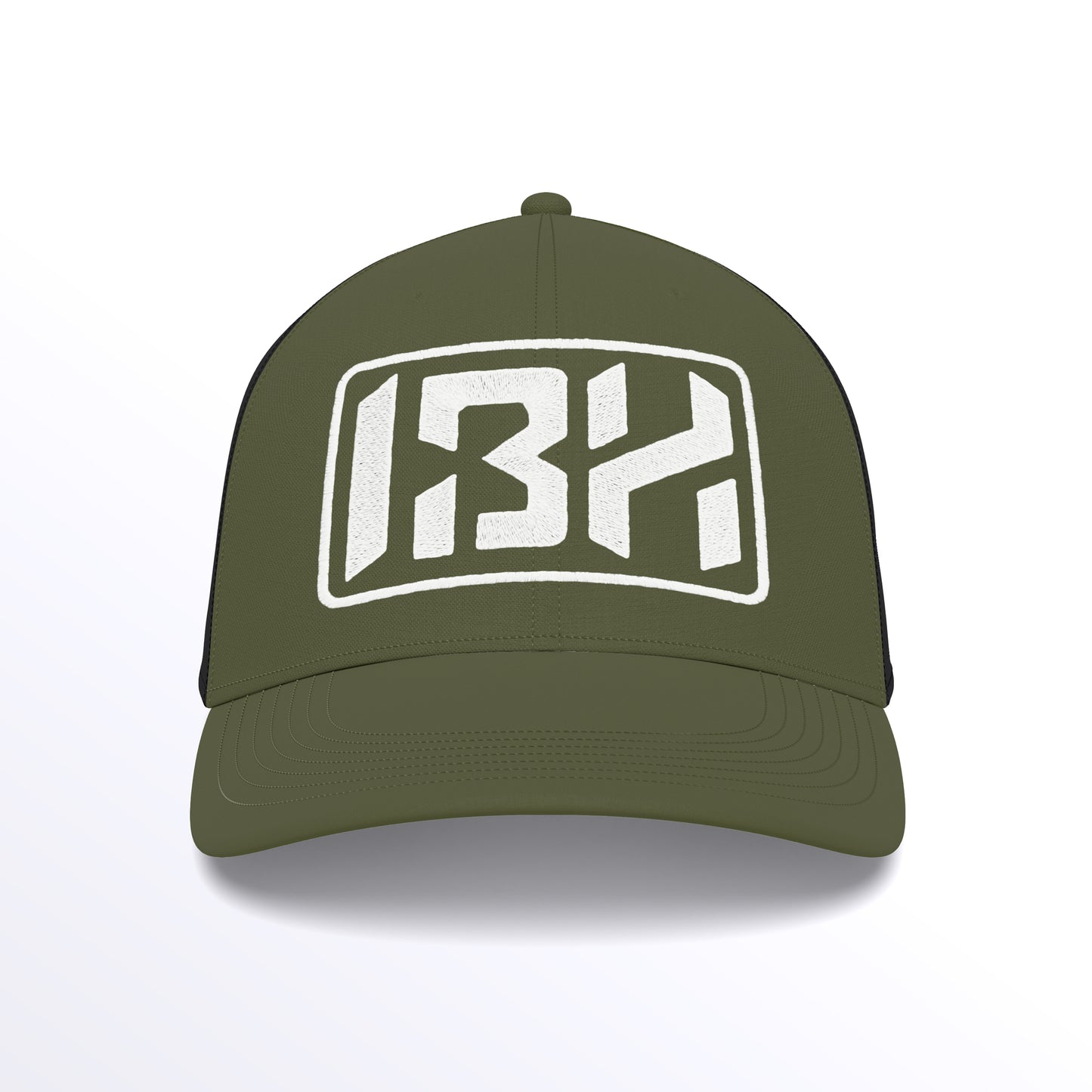 IBH Trucker Cap - Embroidered (£29.40 inc VAT) in White Thread - Olive Green Black by printlab.clothing — Custom branded clothing by Print Press, featuring premium embroidery produced in our specialist print lab in the UK.