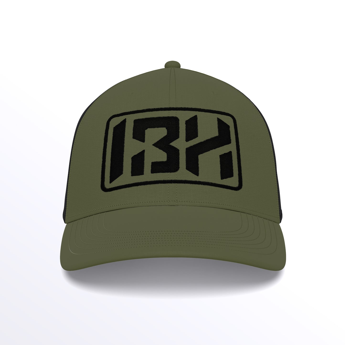IBH Trucker Cap - Embroidered (£29.40 inc VAT) in Black Thread - Olive Green Black by printlab.clothing — Custom branded clothing by Print Press, featuring premium embroidery produced in our specialist print lab in the UK.