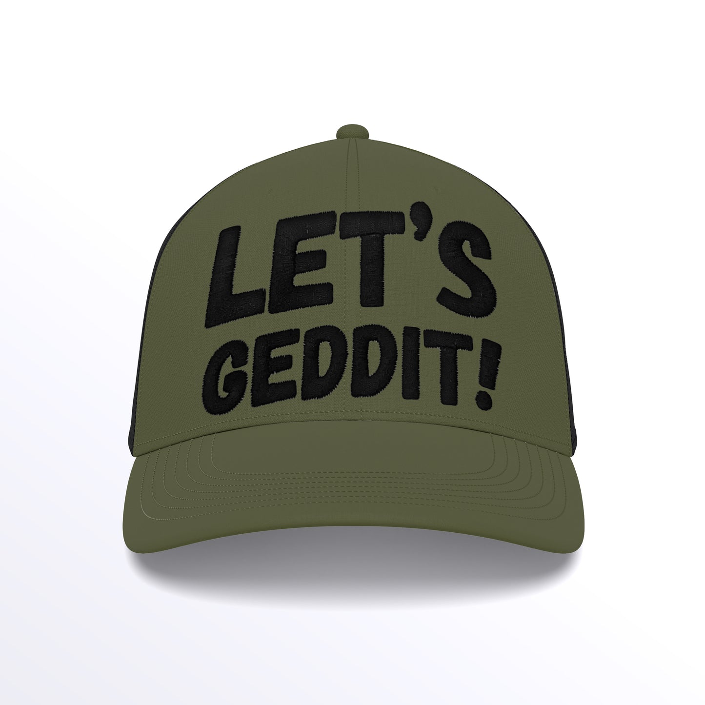 LET'S GEDDIT! Trucker Cap - Embroidered (£29.40 inc VAT) in Black Thread - Olive Green Black Cap by printlab.clothing — Custom branded clothing by Print Press, featuring premium embroidery produced in our specialist print lab in the UK.