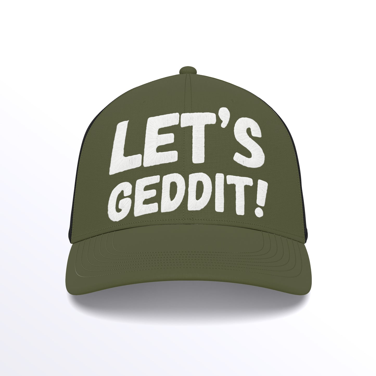 LET'S GEDDIT! Trucker Cap - Embroidered (£29.40 inc VAT) in White Thread - Olive Green Black Cap by printlab.clothing — Custom branded clothing by Print Press, featuring premium embroidery produced in our specialist print lab in the UK.