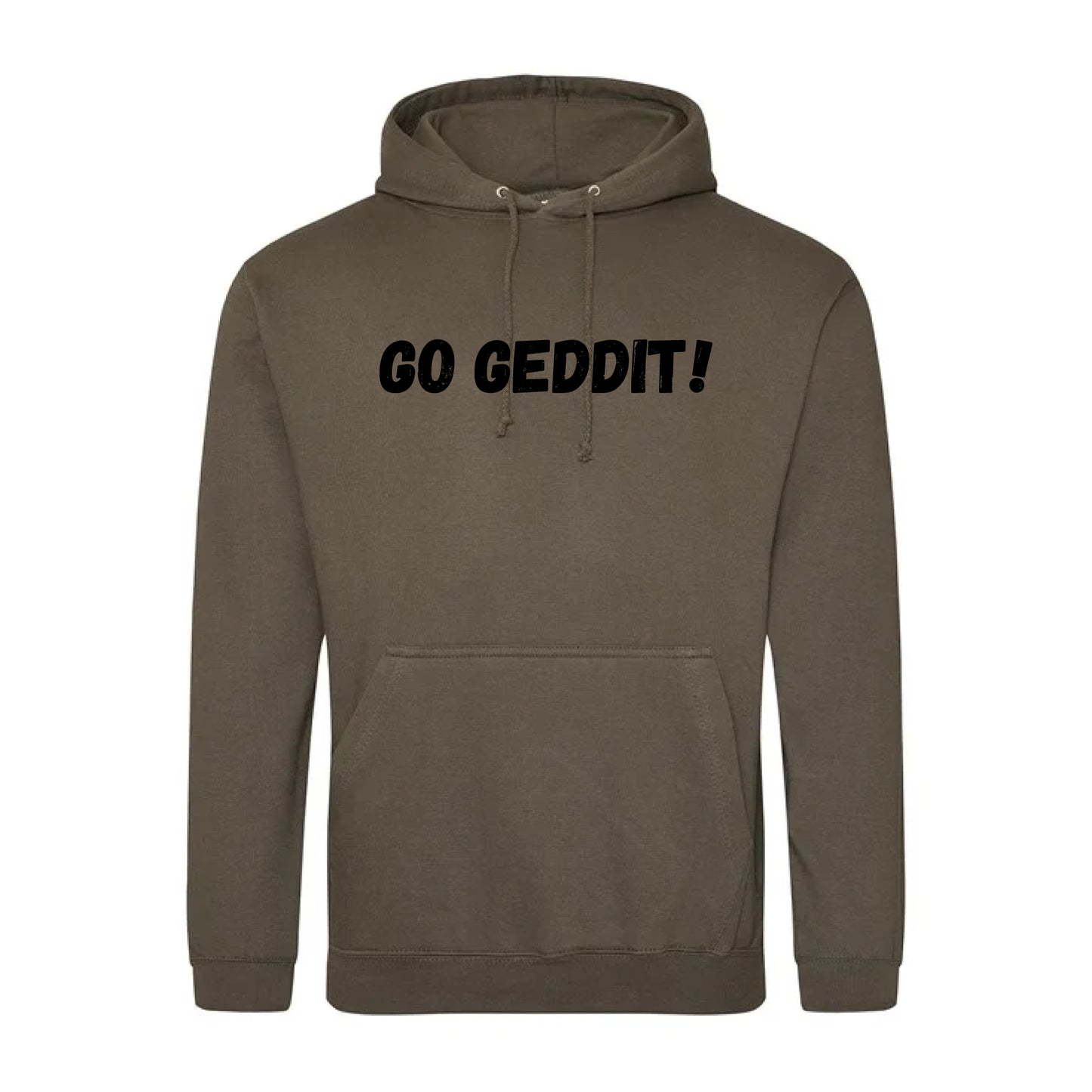 IBH Hoodie - Black Print (£46.40 inc VAT) in GO GEDDIT! Olive Green by printlab.clothing — Custom branded clothing by Print Press, featuring premium embroidery produced in our specialist print lab in the UK.