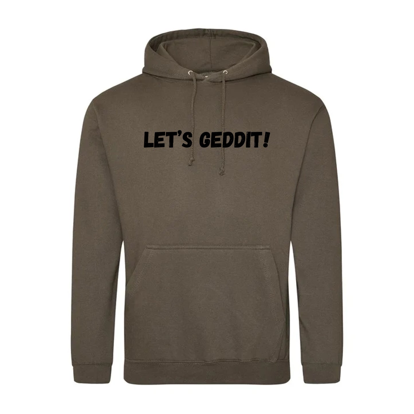 IBH Hoodie - Black Print (£46.40 inc VAT) in LET'S GEDDIT! Olive Green by printlab.clothing — Custom branded clothing by Print Press, featuring premium embroidery produced in our specialist print lab in the UK.