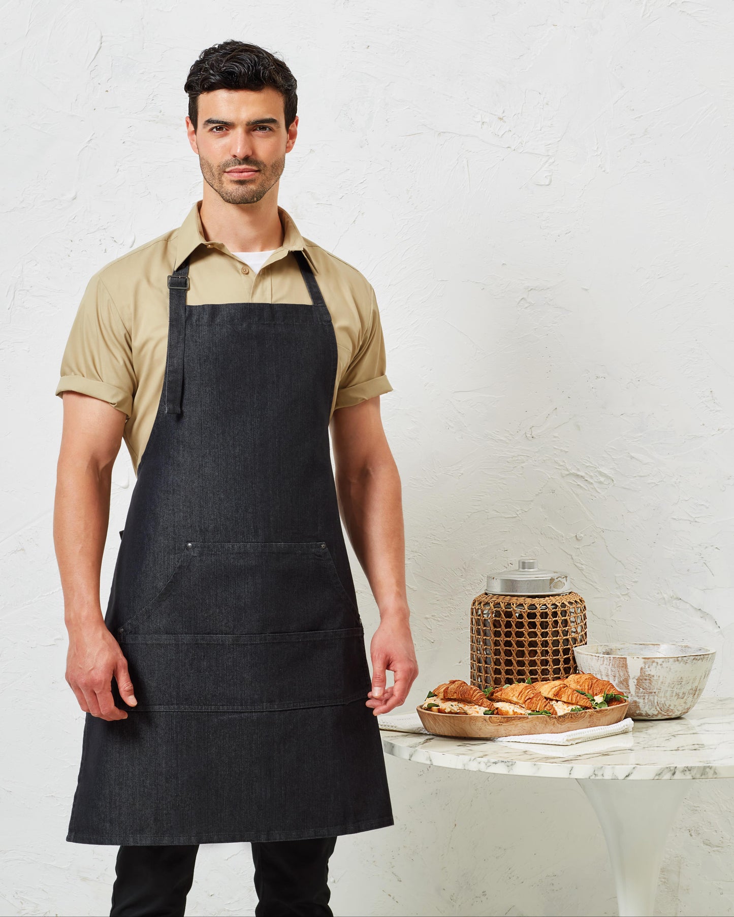 48 x Denim Stitched Aprons by Premier in Black Denim by Print Lab Deals — Custom branded clothing by Print Press, featuring premium embroidery produced in our specialist print lab in the UK.