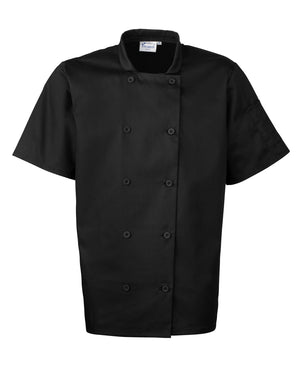 12 x Quality Short Sleeved Chef Jackets by Premier in Black by Print Lab Deals — Custom branded clothing by Print Press, featuring premium embroidery produced in our specialist print lab in the UK.
