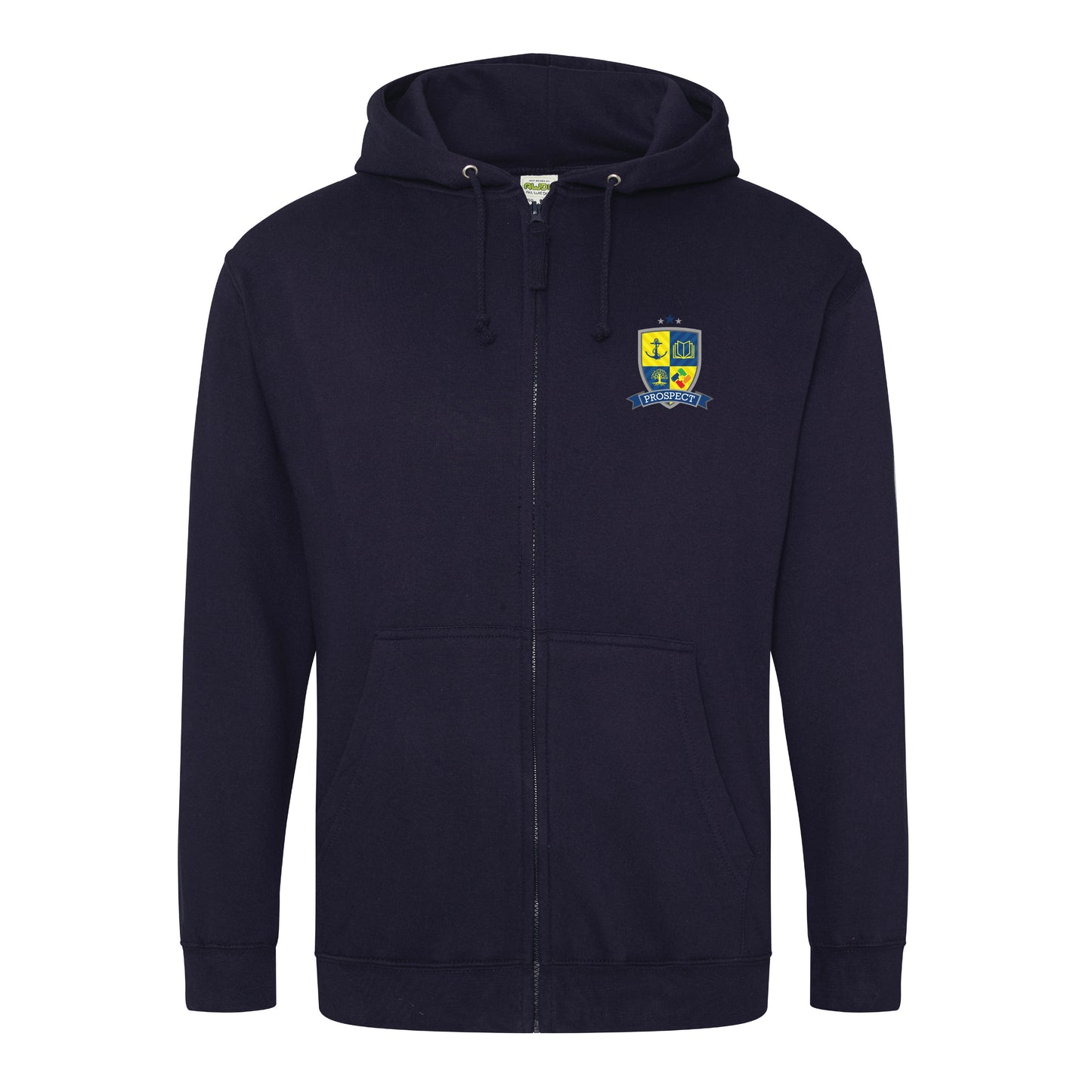Zipped Hoodie (£23.87 inc VAT) - Prospect School in Navy by printlab.clothing — Custom branded clothing by Print Press, featuring premium embroidery produced in our specialist print lab in the UK.