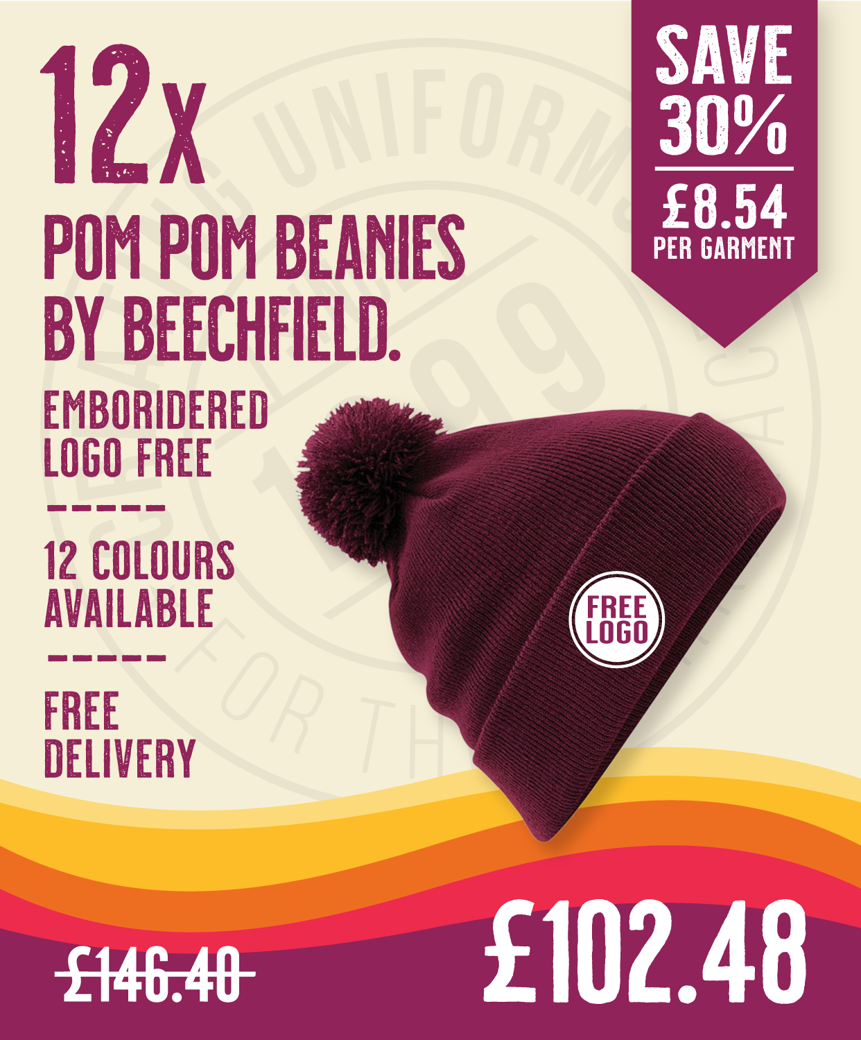 12 x Pom Pom Beanies by Beechfield in Burgundy by Print Lab Deals — Custom branded clothing by Print Press, featuring premium embroidery produced in our specialist print lab in the UK.