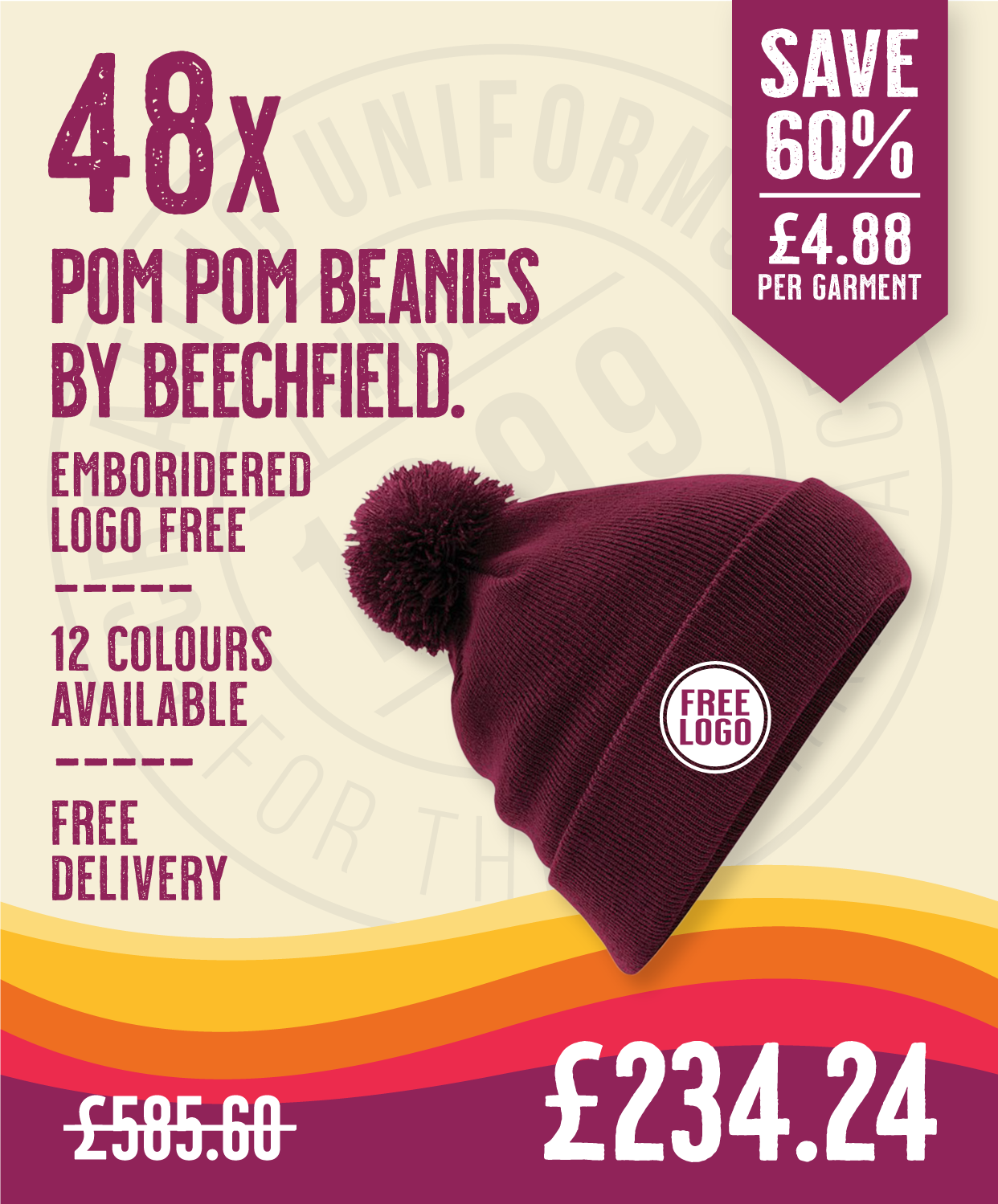 48 x Pom Pom Beanies by Beechfield in Burgundy by Print Lab Deals — Custom branded clothing by Print Press, featuring premium embroidery produced in our specialist print lab in the UK.