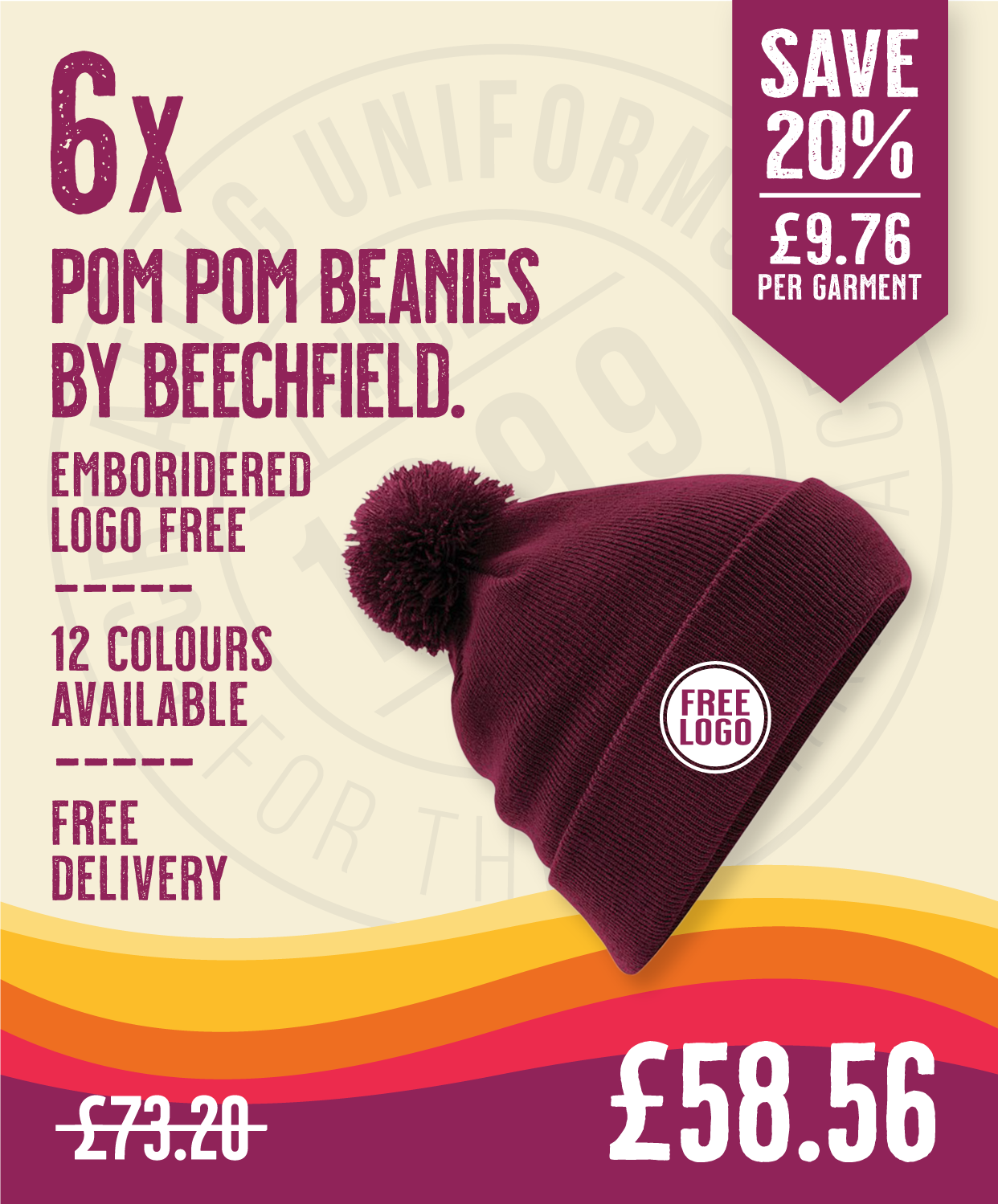 6 x Pom Pom Beanies by Beechfield in Burgundy by Print Lab Deals — Custom branded clothing by Print Press, featuring premium embroidery produced in our specialist print lab in the UK.