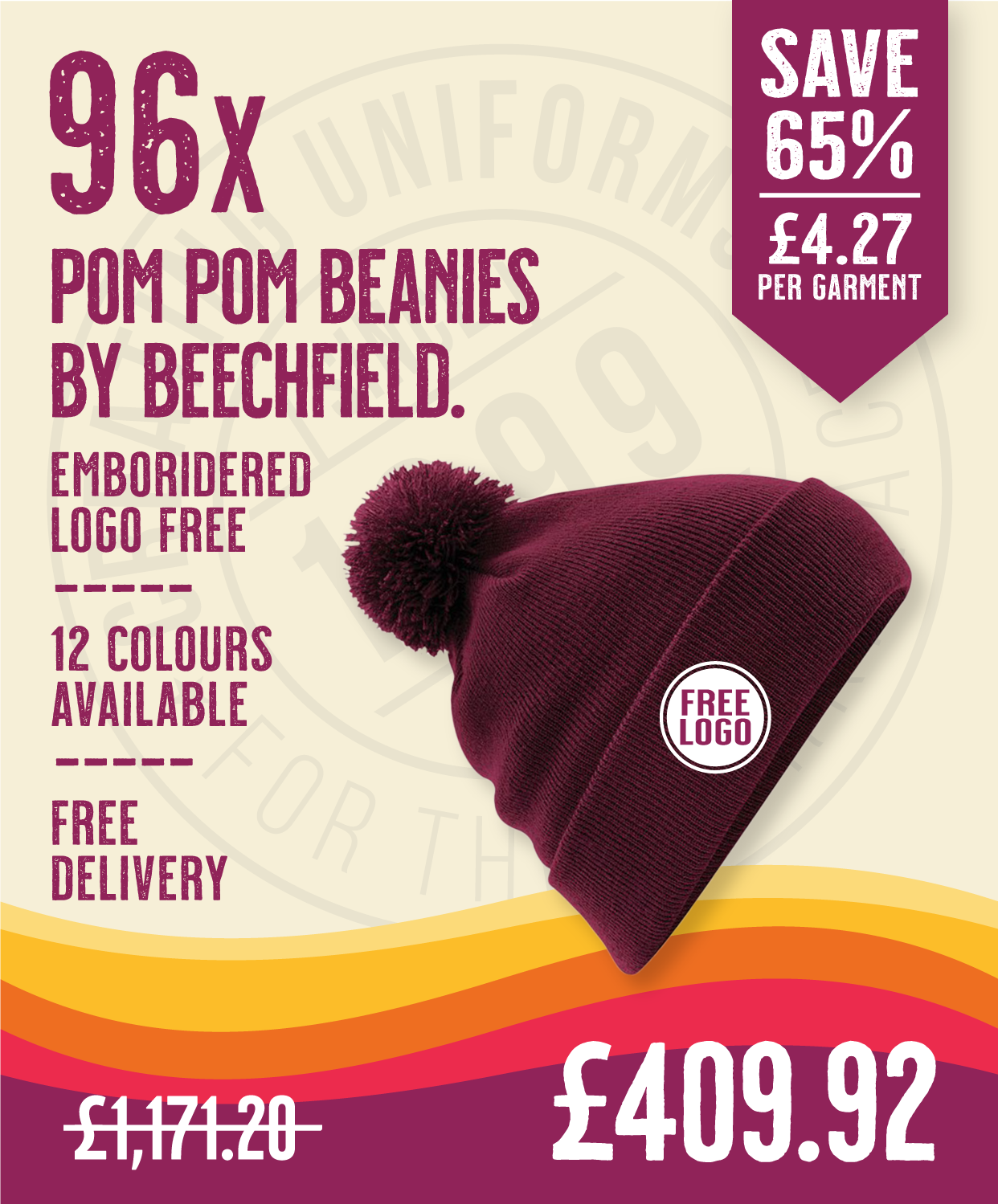 96 x Pom Pom Beanies by Beechfield in Burgundy by Print Lab Deals — Custom branded clothing by Print Press, featuring premium embroidery produced in our specialist print lab in the UK.
