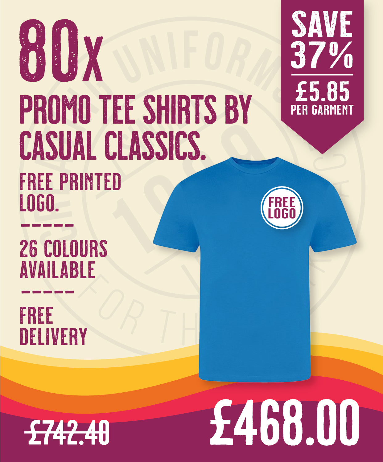 80 x Promo Tees by Casual Classics in Sapphire by Print Lab Deals — Custom branded clothing by Print Press, featuring premium embroidery produced in our specialist print lab in the UK.