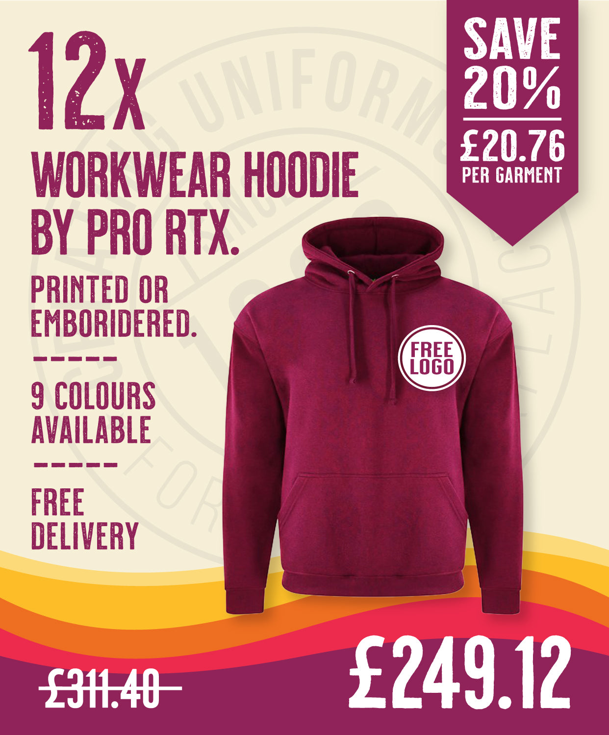 12 x Workwear Hoodies by Pro RTX in Burgundy by Print Lab Deals — Custom branded clothing by Print Press, featuring premium embroidery produced in our specialist print lab in the UK.