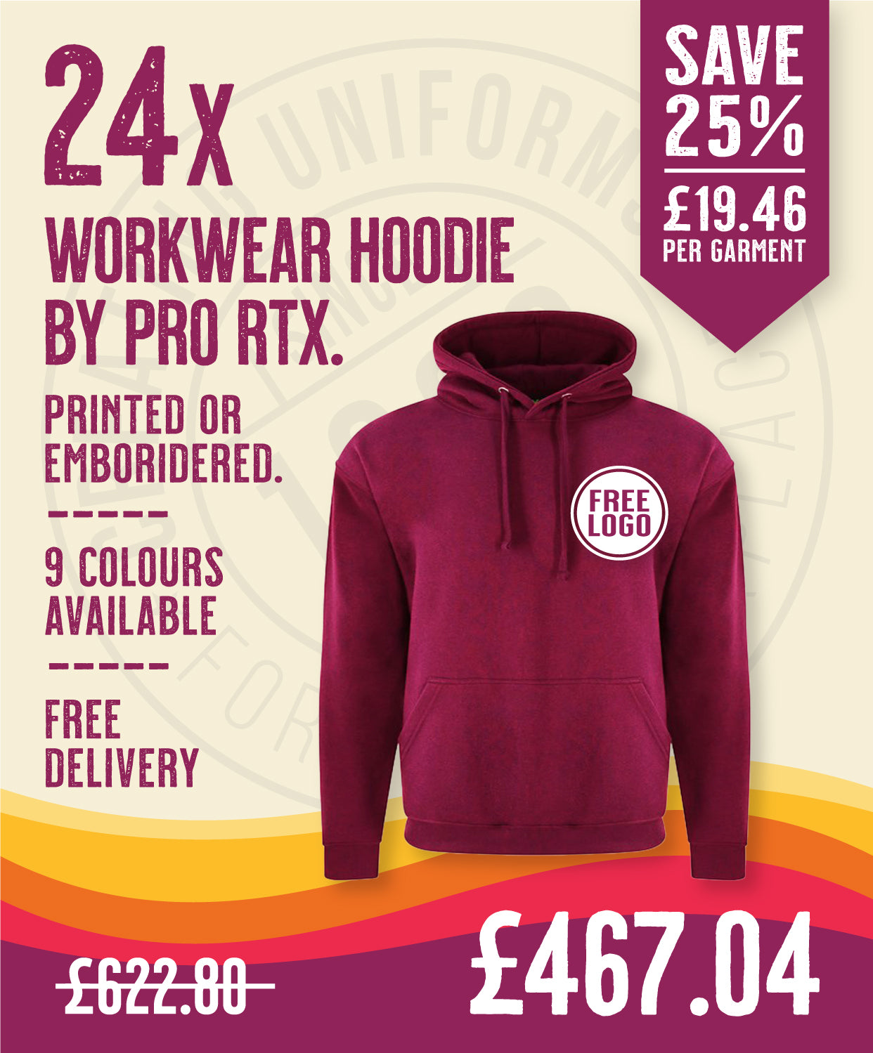 24 x Workwear Hoodies by Pro RTX in Burgundy by Print Lab Deals — Custom branded clothing by Print Press, featuring premium embroidery produced in our specialist print lab in the UK.