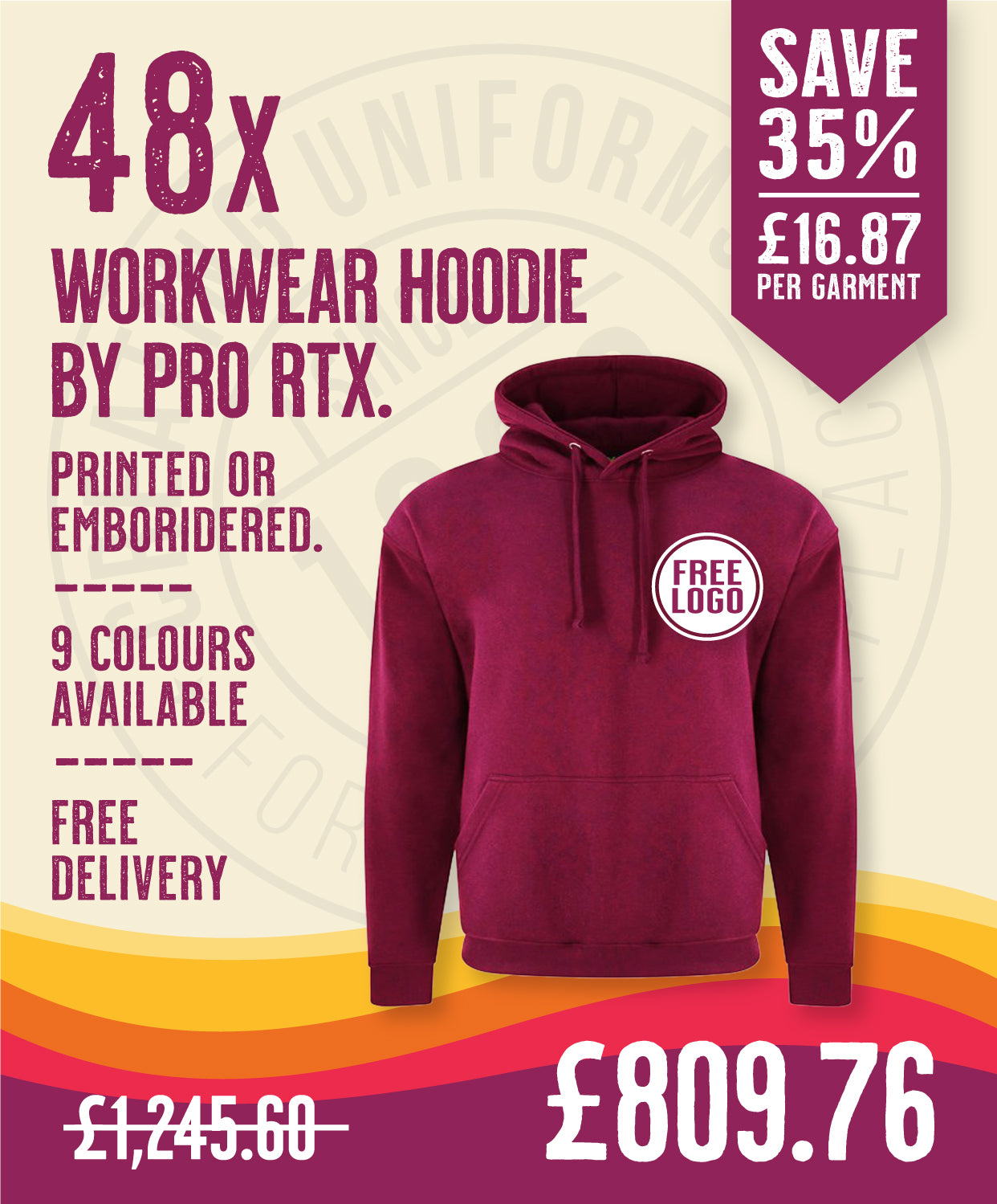 48 x Workwear Hoodies by Pro RTX in Burgundy by Print Lab Deals — Custom branded clothing by Print Press, featuring premium embroidery produced in our specialist print lab in the UK.