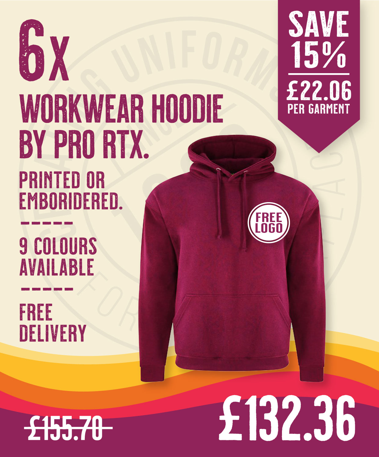 6 x Workwear Hoodies by Pro RTX in Burgundy by Print Lab Deals — Custom branded clothing by Print Press, featuring premium embroidery produced in our specialist print lab in the UK.