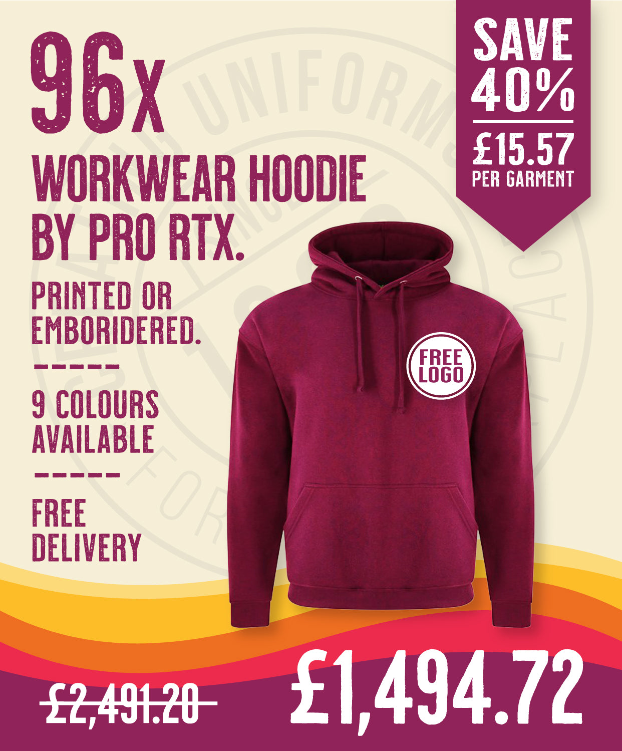 96 x Workwear Hoodies by Pro RTX in Burgundy by Print Lab Deals — Custom branded clothing by Print Press, featuring premium embroidery produced in our specialist print lab in the UK.