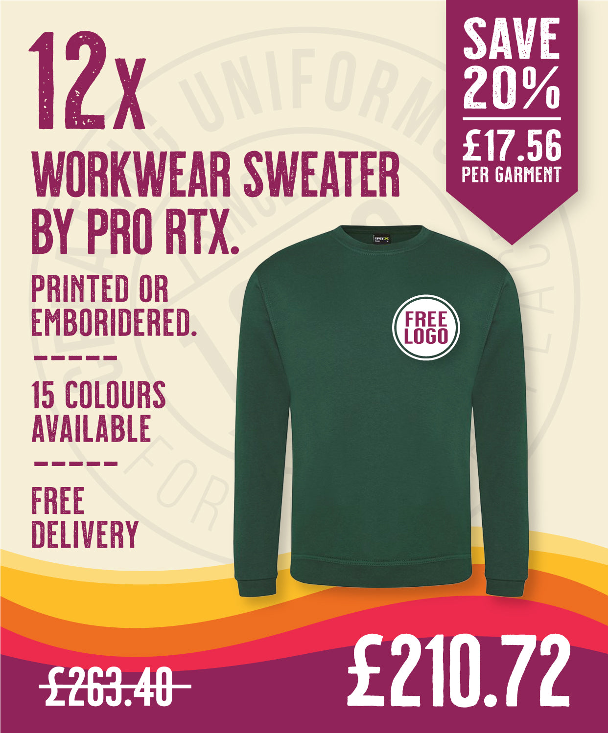 12 x Workwear Sweaters by Pro RTX in Bottle Green by Print Lab Deals — Custom branded clothing by Print Press, featuring premium embroidery produced in our specialist print lab in the UK.