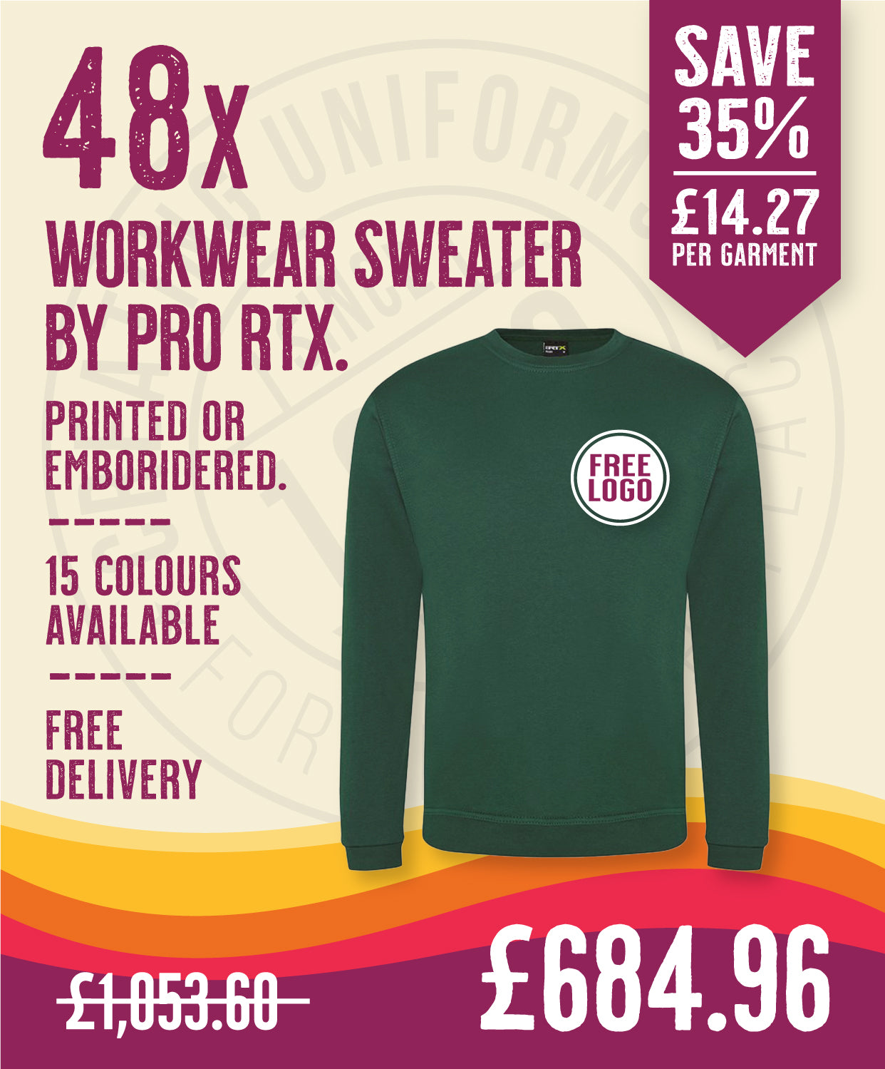 48 x Workwear Sweaters by Pro RTX in Bottle Green by Print Lab Deals — Custom branded clothing by Print Press, featuring premium embroidery produced in our specialist print lab in the UK.