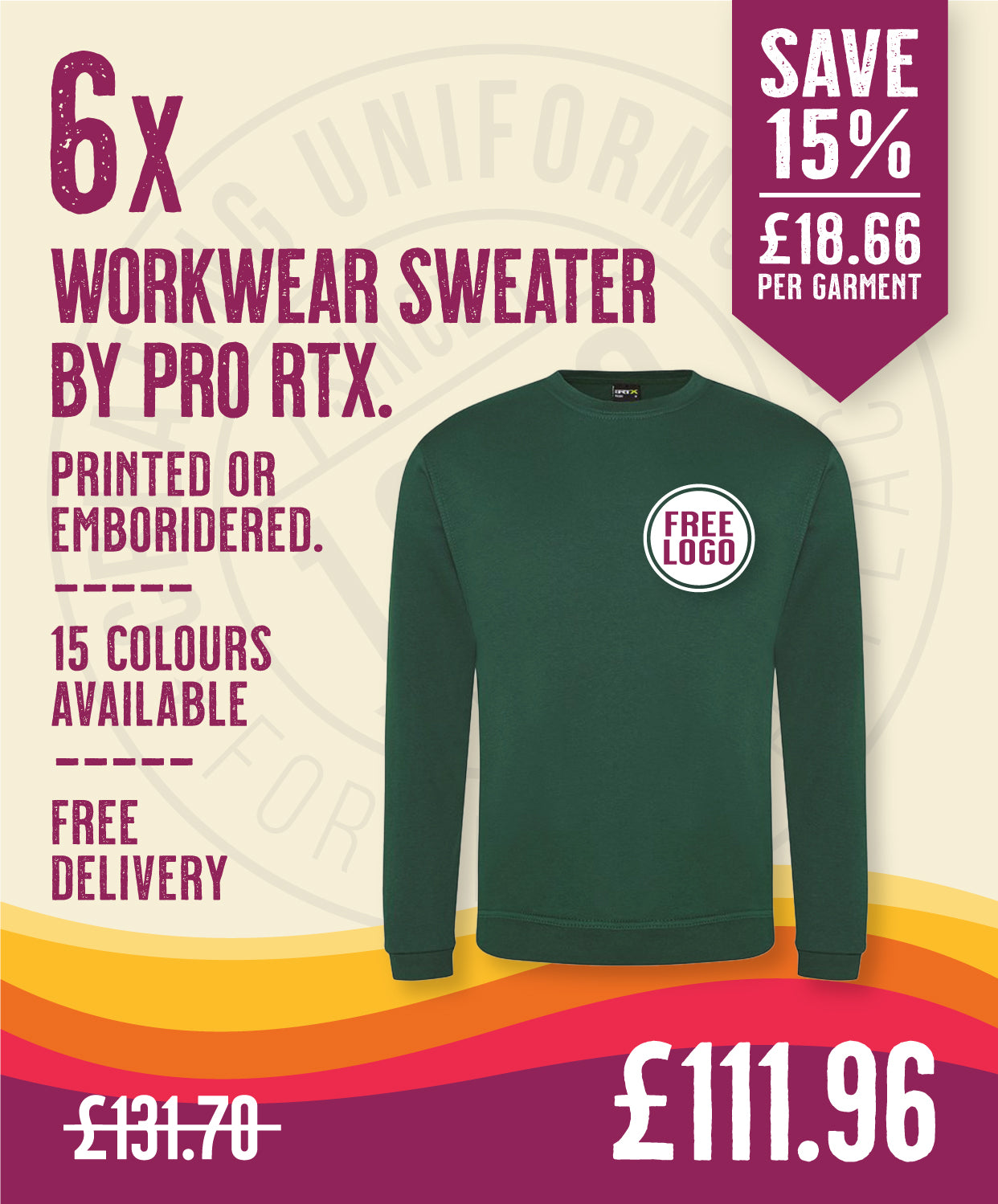 6 x Workwear Sweaters by Pro RTX in Bottle Green by Print Lab Deals — Custom branded clothing by Print Press, featuring premium embroidery produced in our specialist print lab in the UK.
